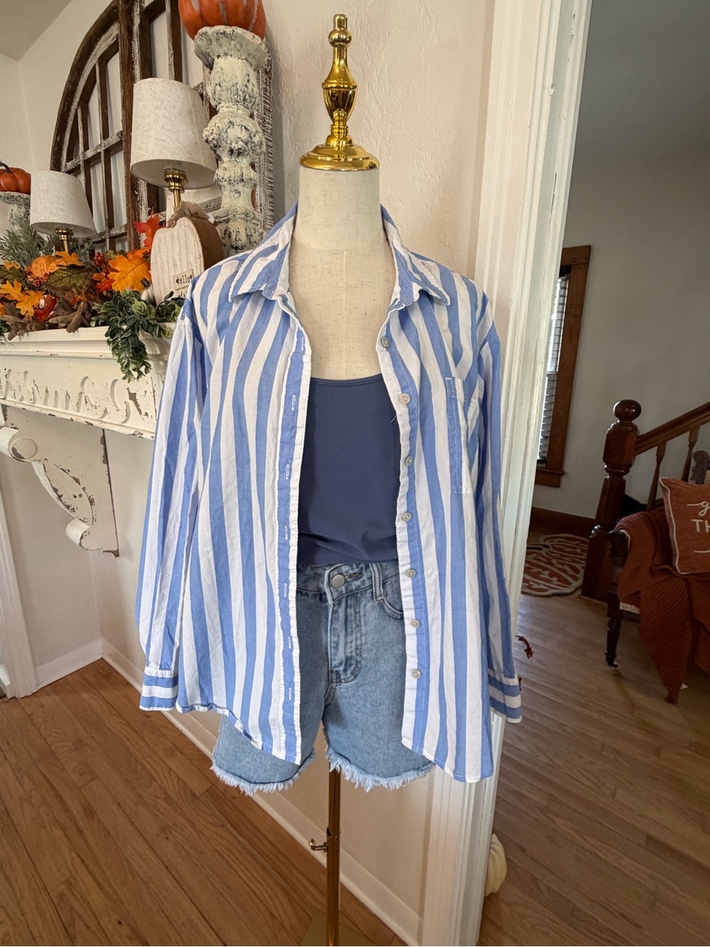 Light Blue & White Striped Women’s Button-Down Shirt w/ tank top